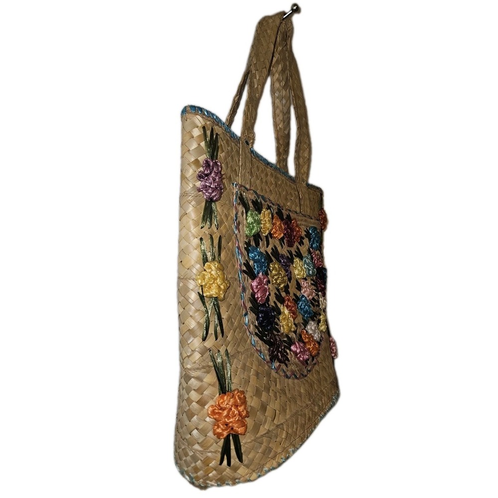 Vintage Embroided‎ Floral Raffia Straw Beach Market Tote Bag Lined Summer Beach - Picture 5 of 13